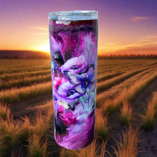 Custom Painted Purple Butterflies Stainless Skinny Tumbler w/Sliding Lid and Straw- 30 Oz