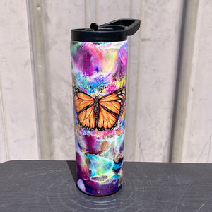 Custom Painted Mixed Butterflies Stainless Skinny Tumbler W/Dual Lid Set and Straw- 30 Oz