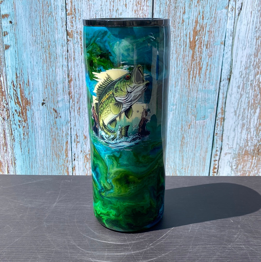 Hand Painted Fishing Stainless Fatty Tumbler w/Sliding Lid and Straw- 30 Oz