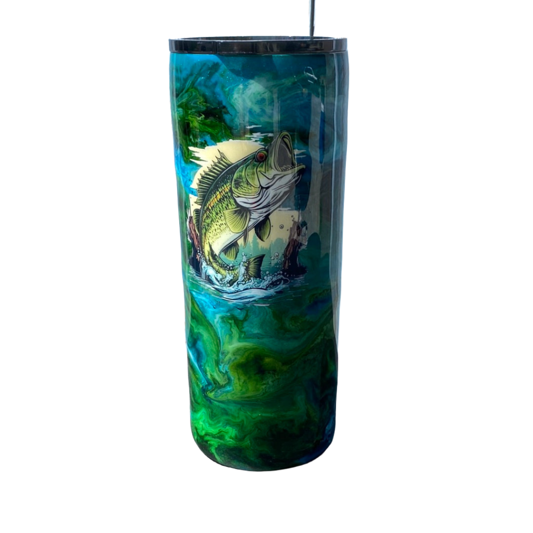 Hand Painted Fishing Stainless Fatty Tumbler w/Sliding Lid and Straw- 30 Oz