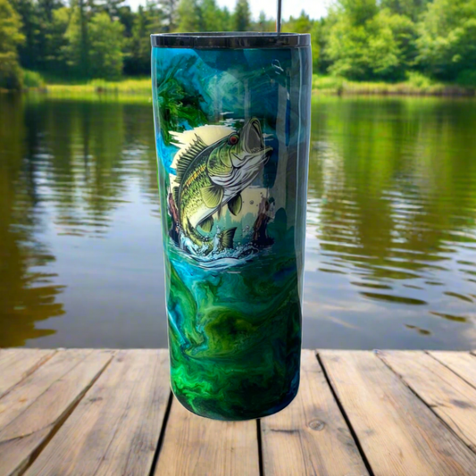 Hand Painted Fishing Stainless Fatty Tumbler w/Sliding Lid and Straw- 30 Oz