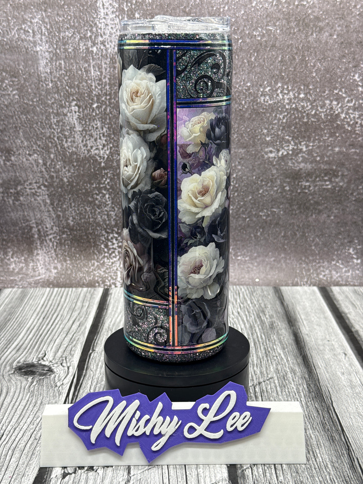Custom Painted Dark Glitter Roses Stainless Skinny Tumbler w/Sliding Lid and Straw- 30 Oz