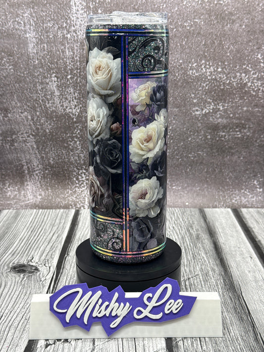 Custom Painted Dark Glitter Roses Stainless Skinny Tumbler w/Sliding Lid and Straw- 30 Oz