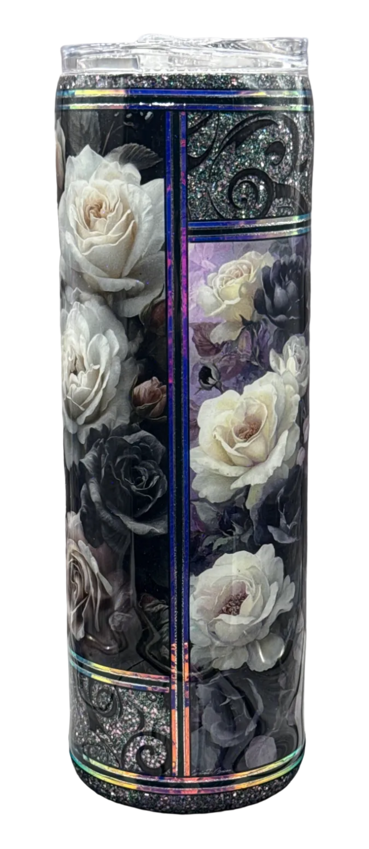 Custom Painted Dark Glitter Roses Stainless Skinny Tumbler w/Sliding Lid and Straw- 30 Oz