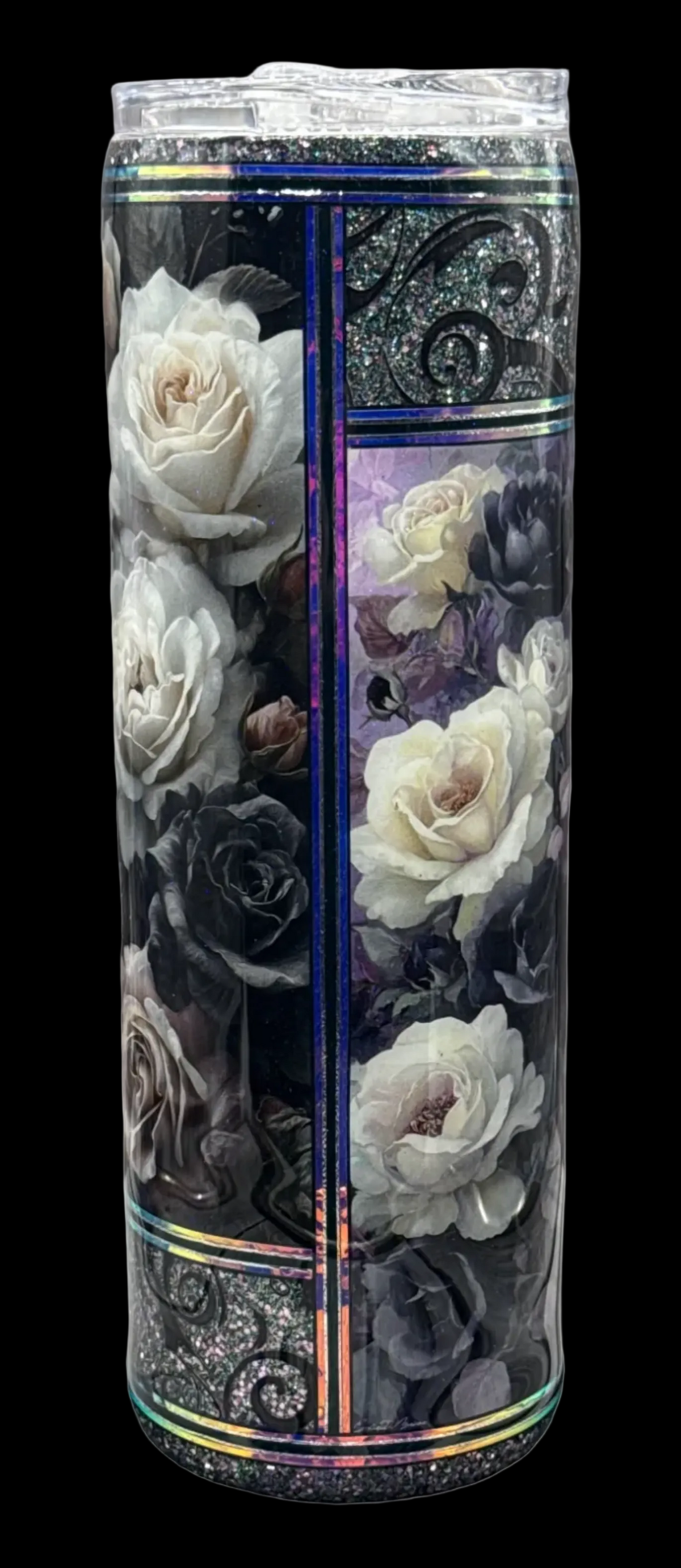 Custom Painted Dark Glitter Roses Stainless Skinny Tumbler w/Sliding Lid and Straw- 30 Oz