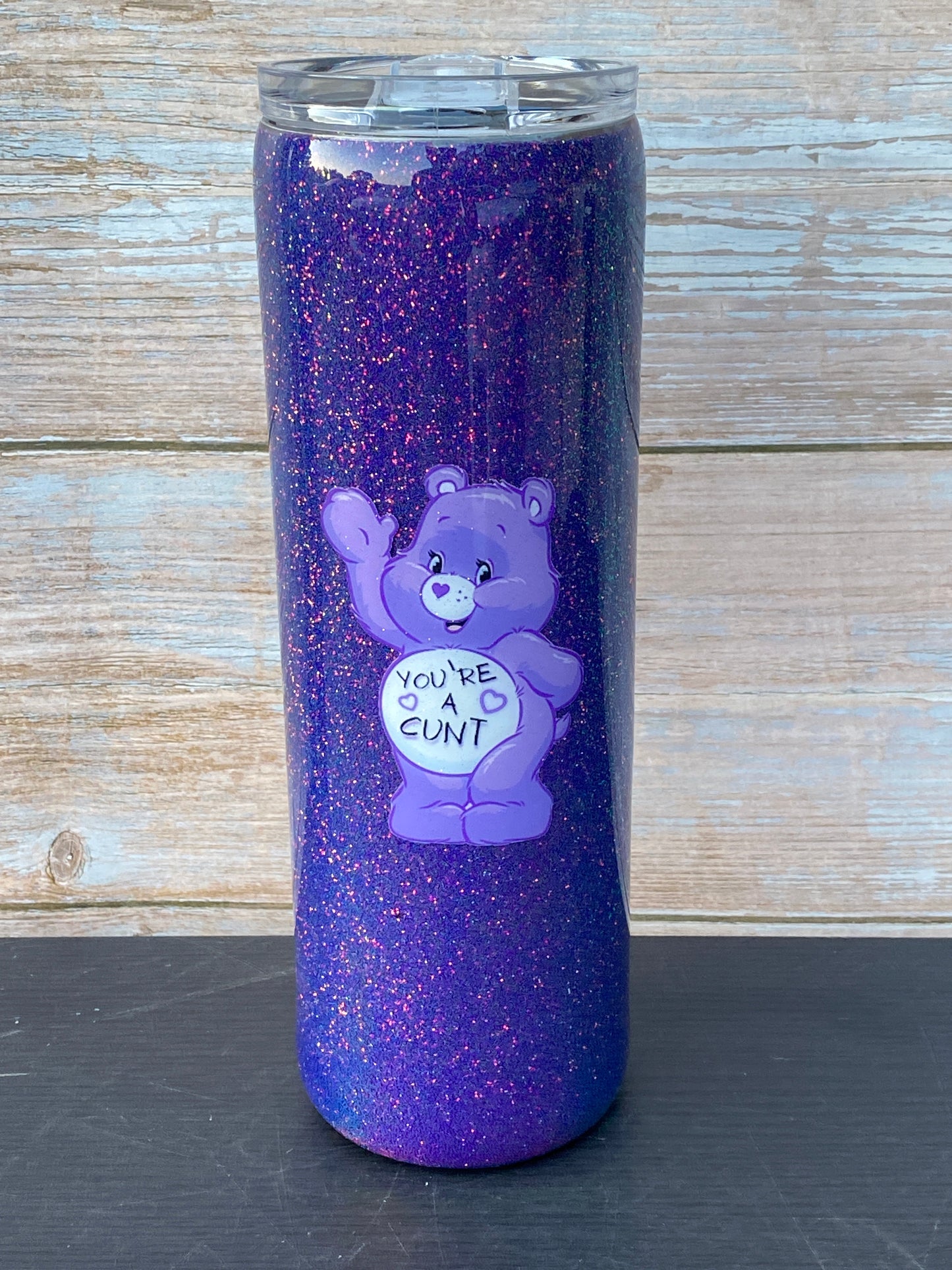 Custom Painted Purple Swear Bear Stainless Skinny Tumbler w/Sliding Lid and Straw- 30 Oz