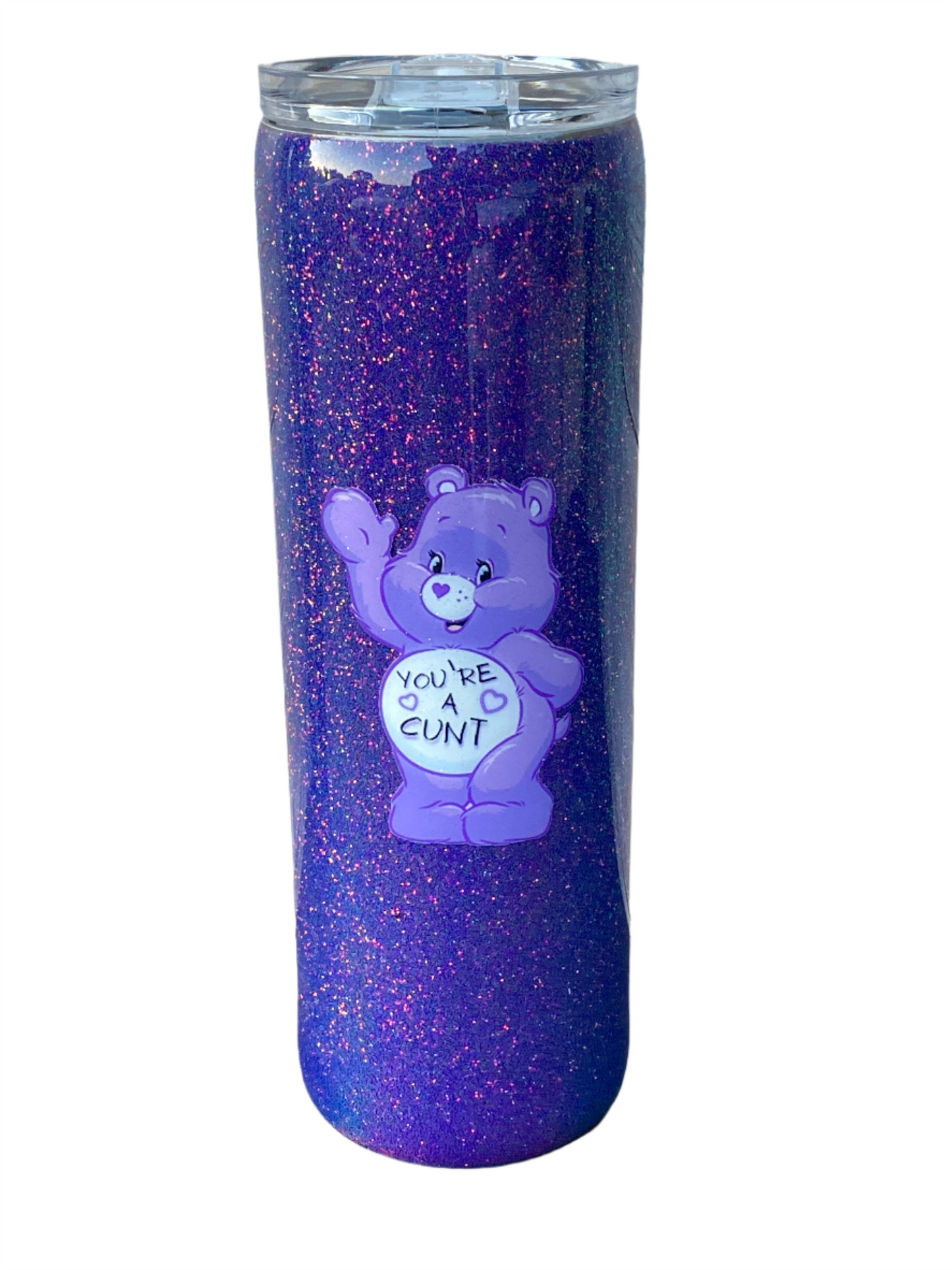 Custom Painted Purple Swear Bear Stainless Skinny Tumbler w/Sliding Lid and Straw- 30 Oz