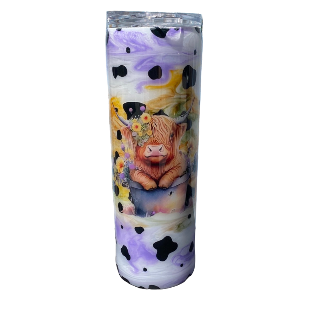 Custom Painted Purple Yellow Cow Stainless Skinny Tumbler w/Sliding Lid and Straw- 30 Oz