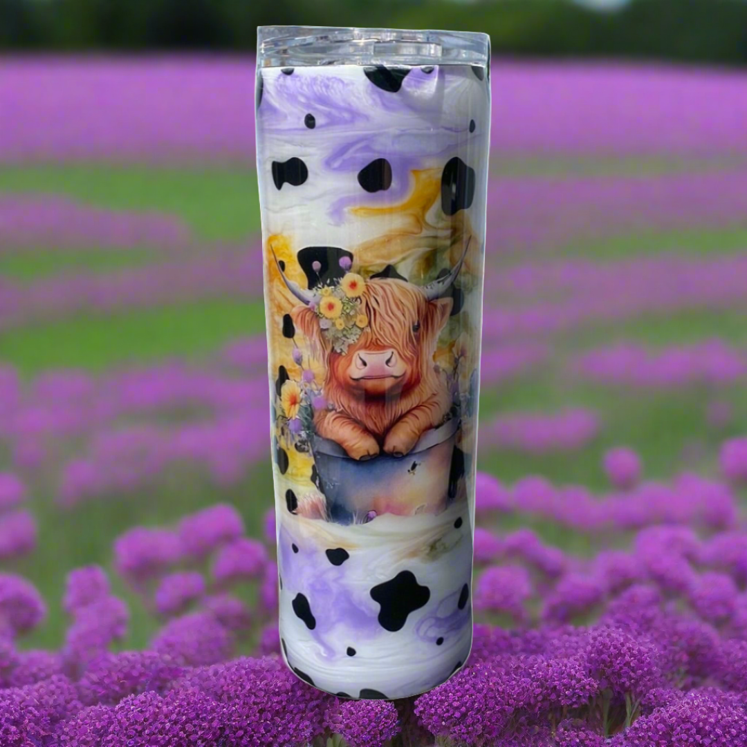 Custom Painted Purple Yellow Cow Stainless Skinny Tumbler w/Sliding Lid and Straw- 30 Oz