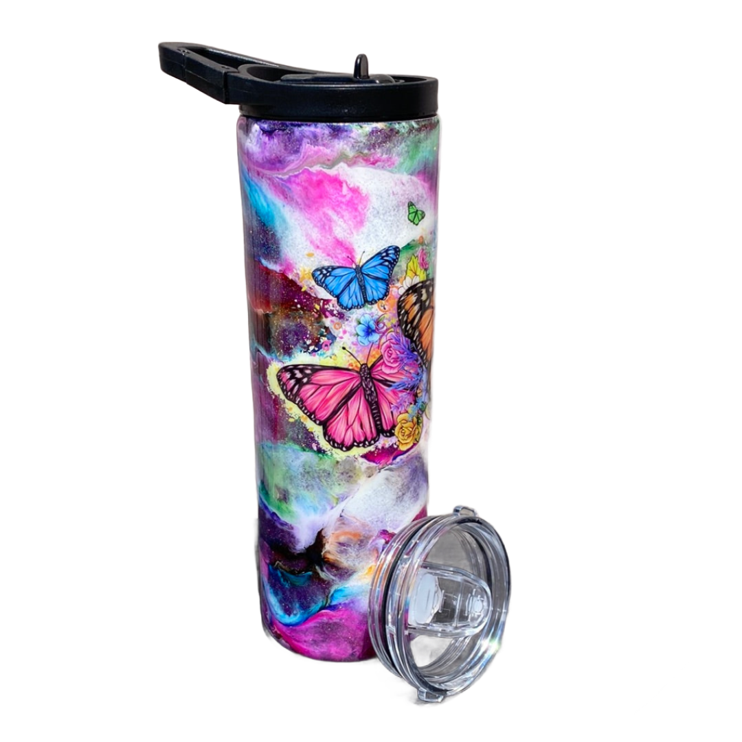 Custom Painted Mixed Butterflies Stainless Skinny Tumbler W/Dual Lid Set and Straw- 30 Oz