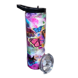 Custom Painted Mixed Butterflies Stainless Skinny Tumbler W/Dual Lid Set and Straw- 30 Oz