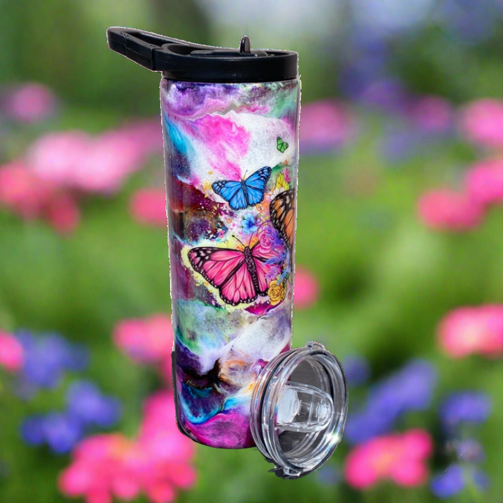 Custom Painted Mixed Butterflies Stainless Skinny Tumbler W/Dual Lid Set and Straw- 30 Oz