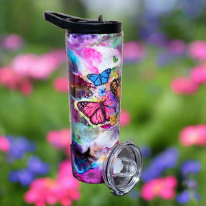 Custom Painted Mixed Butterflies Stainless Skinny Tumbler W/Dual Lid Set and Straw- 30 Oz