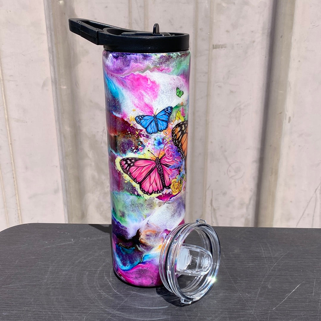 Custom Painted Mixed Butterflies Stainless Skinny Tumbler W/Dual Lid Set and Straw- 30 Oz