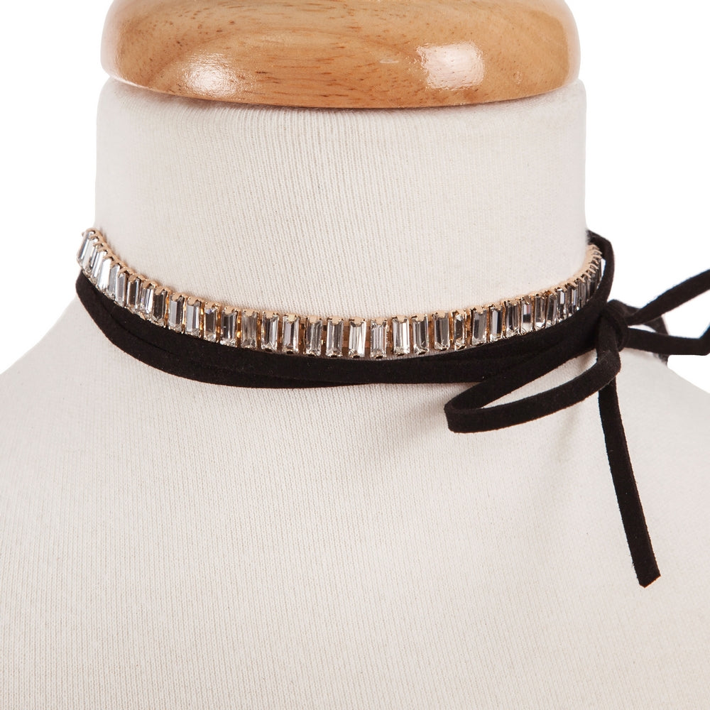 Black suede wrap choker necklace set with clear rhinestones