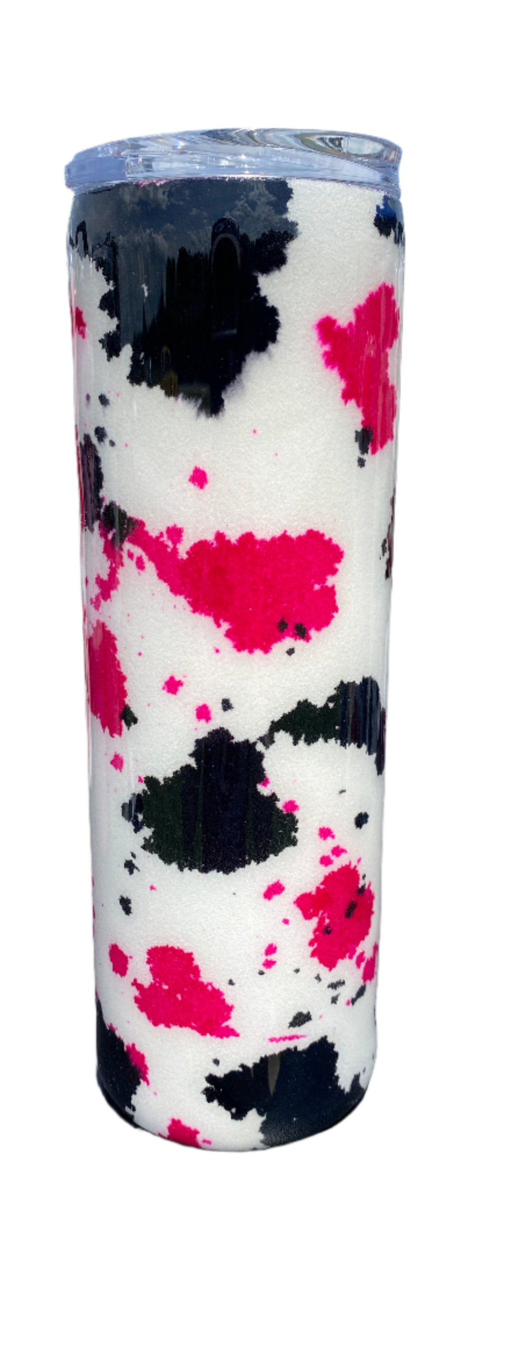 Custom Painted Black Pink Cow Stainless Skinny Tumbler w/Sliding Lid and Straw- 30 Oz