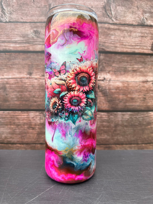 Custom Painted Pink Sunflowers Stainless Skinny Tumbler w/Sliding Lid and Straw- 30 Oz