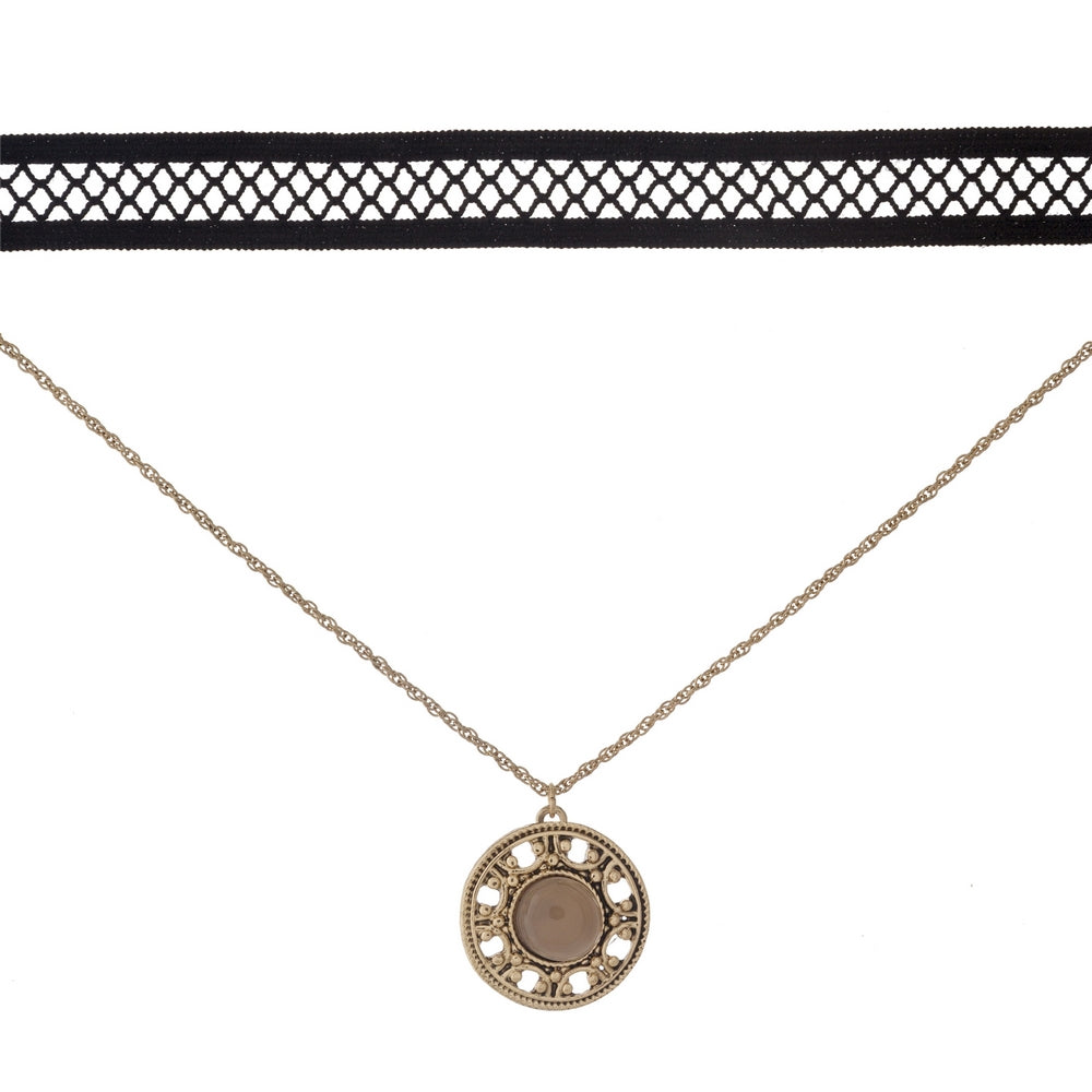 Black and gold tone, double layer choker with a circle pendant