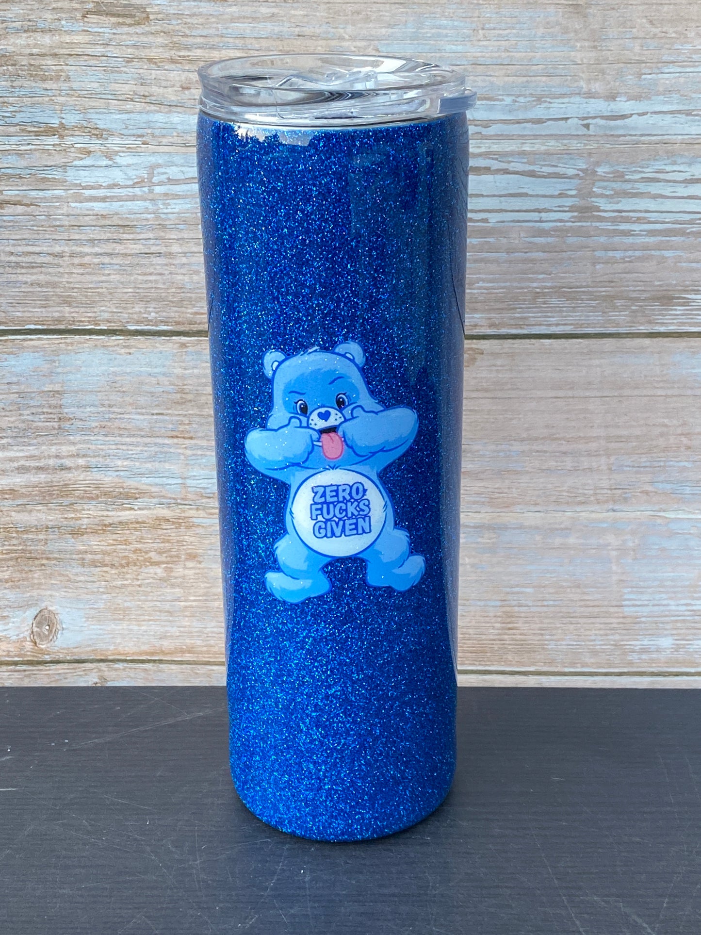 Custom Painted Blue Swear Bear Stainless Skinny Tumbler w/Sliding Lid and Straw- 30 Oz