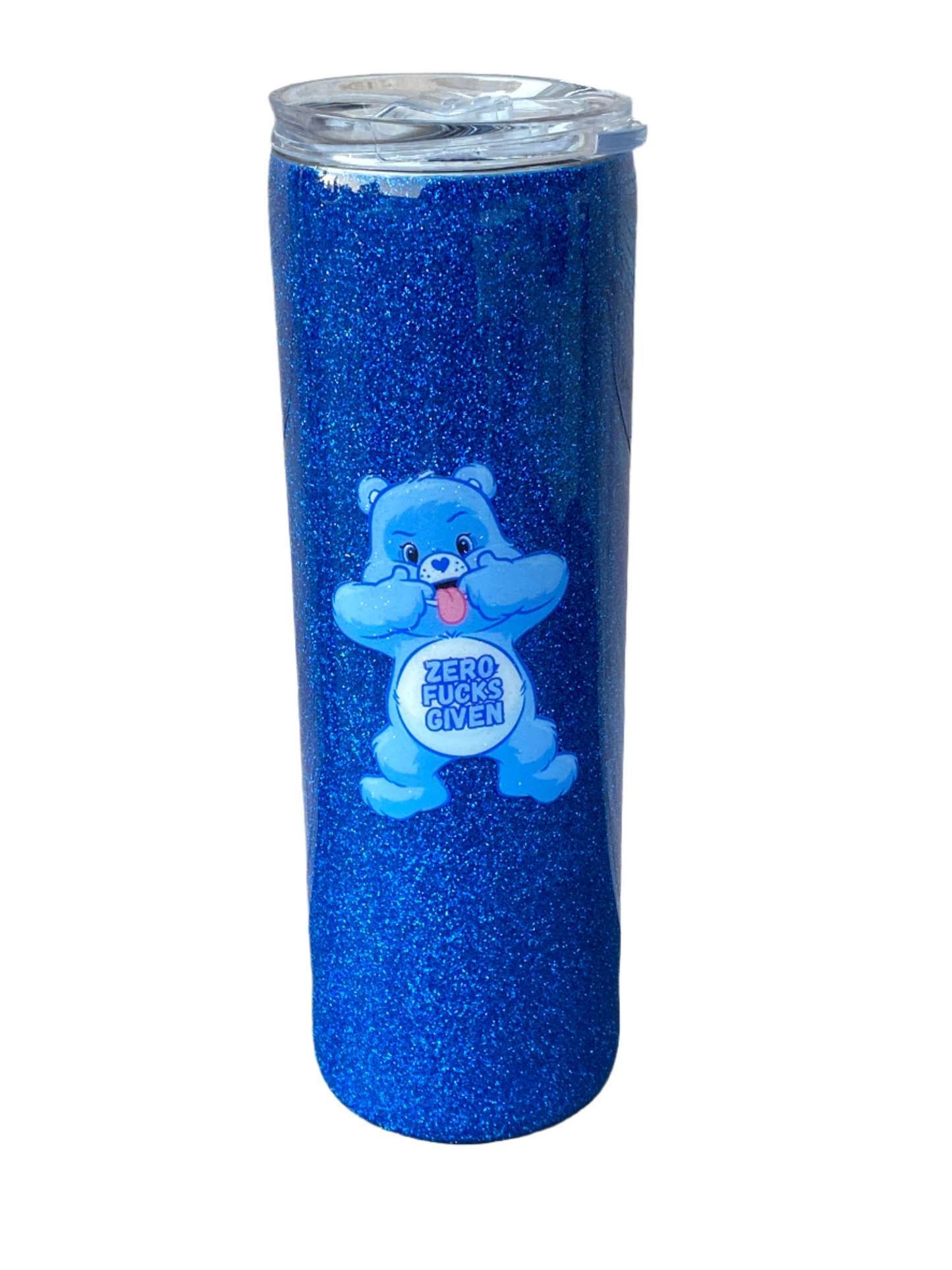 Custom Painted Blue Swear Bear Stainless Skinny Tumbler w/Sliding Lid and Straw- 30 Oz