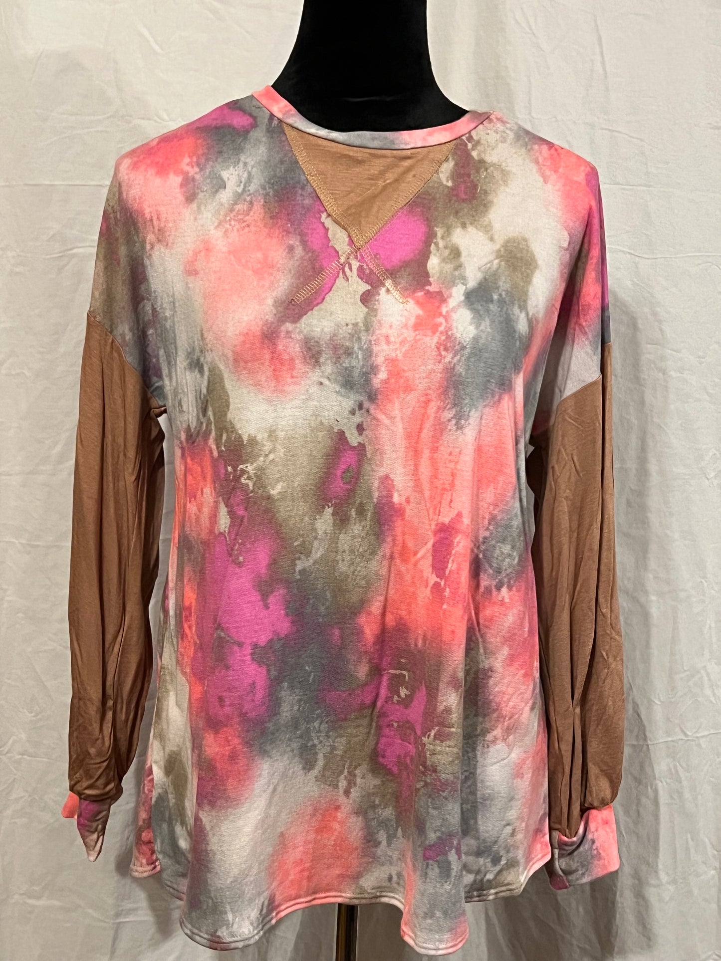 LONG SLEEVE ROUND NECK PINK/BROWN TIE DYE  TOP