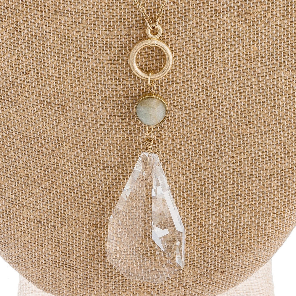 Long link bar chain necklace featuring an iridescent teardrop pendant with a natural stone accent