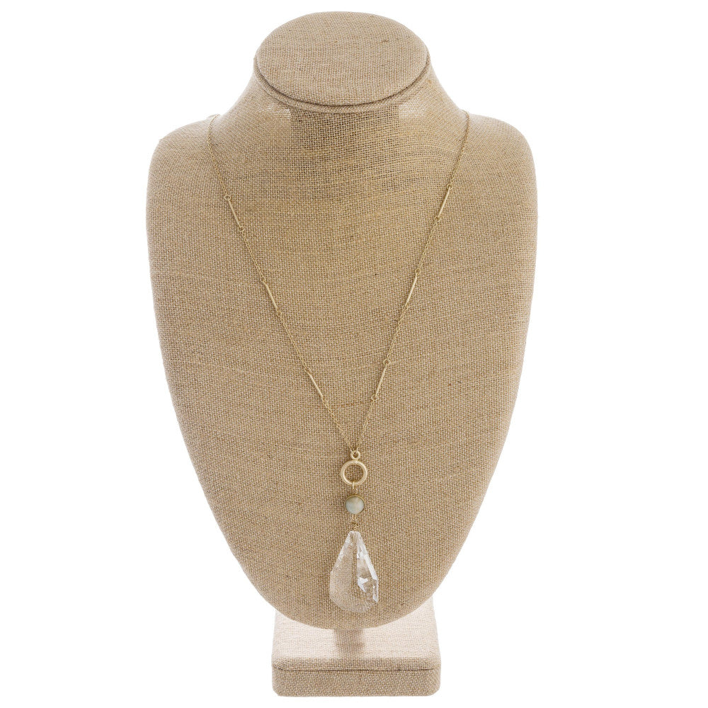 Long link bar chain necklace featuring an iridescent teardrop pendant with a natural stone accent