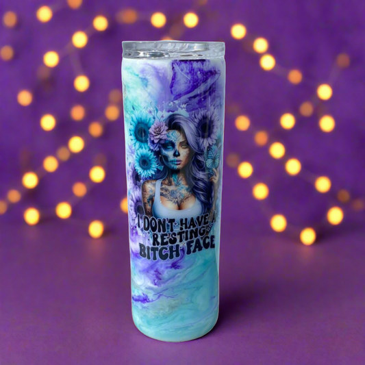 Custom Painted Resting B**** Face Stainless Skinny Tumbler w/Sliding Lid and Straw- 30 Oz