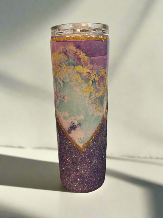 Custom Painted Mint & Purple Glitter Stainless Skinny Tumbler w/Sliding Lid and Straw- 30 Oz