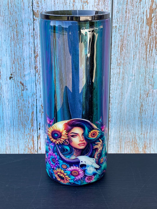 Hand Painted Teal Purple Stainless Fatty Tumbler w/Sliding Lid and Straw- 30 Oz