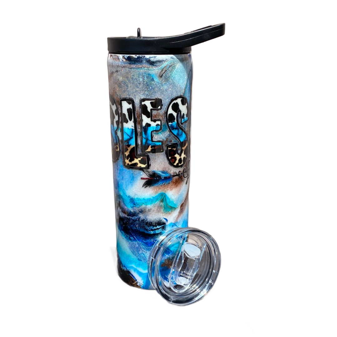 Custom Painted Blessed Life Stainless Skinny Tumbler W/Dual Lid Set and Straw- 30 Oz