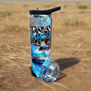 Custom Painted Blessed Life Stainless Skinny Tumbler W/Dual Lid Set and Straw- 30 Oz