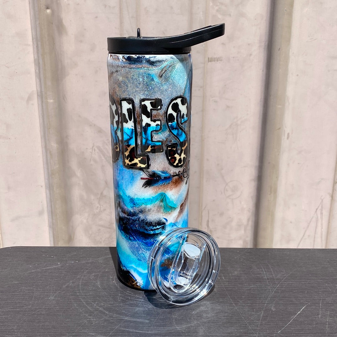 Custom Painted Blessed Life Stainless Skinny Tumbler W/Dual Lid Set and Straw- 30 Oz