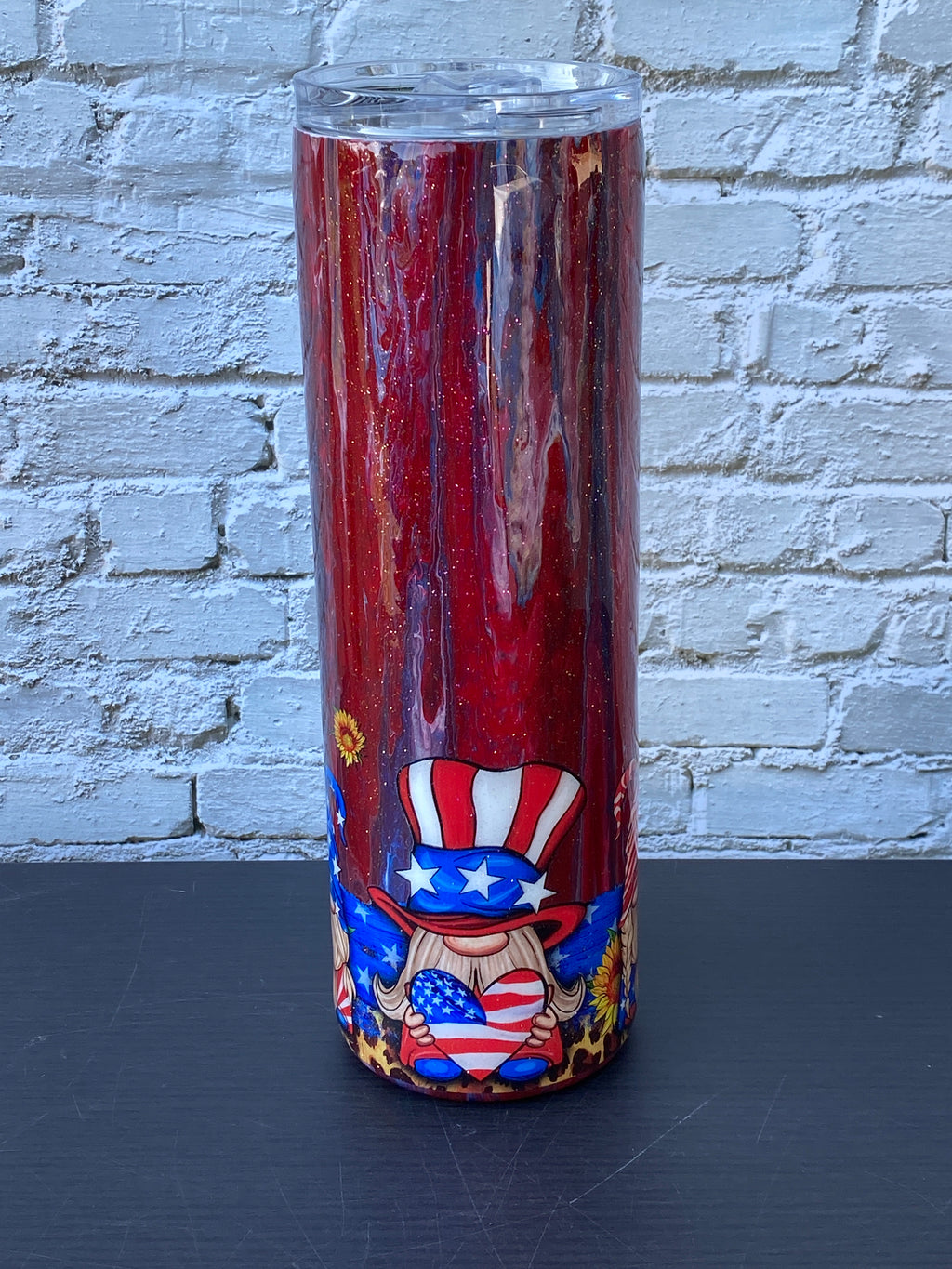 Custom Painted Patriotic Gnomes 1 Stainless Skinny Tumbler w/Sliding Lid and Straw- 30 Oz