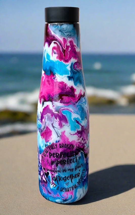 Hand Painted Teal Pink Floral Stainless Push Top Bottle - 30 Oz