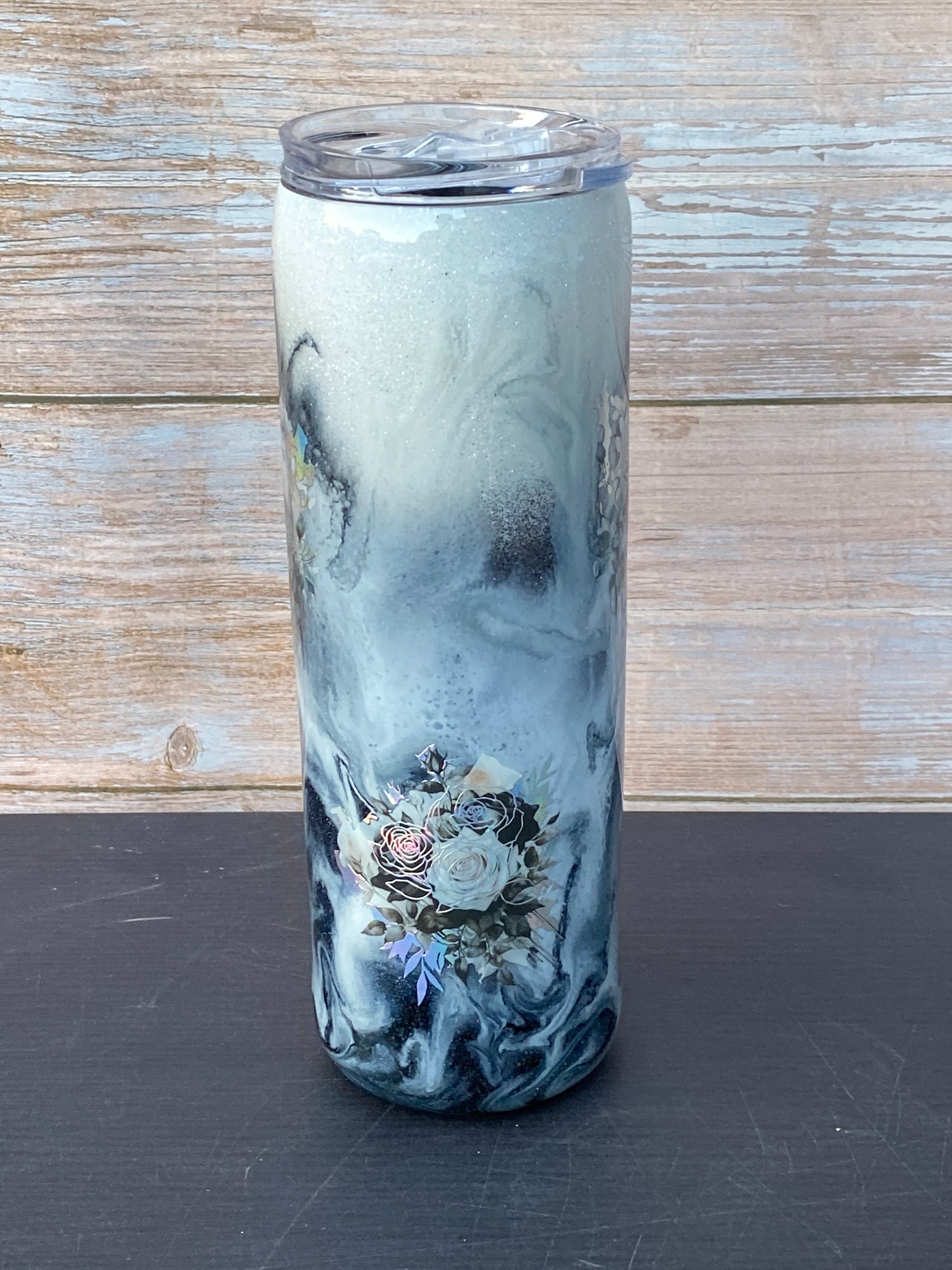 Custom Painted Black Swirl Roses Stainless Skinny Tumbler w/Sliding Lid and Straw- 30 Oz