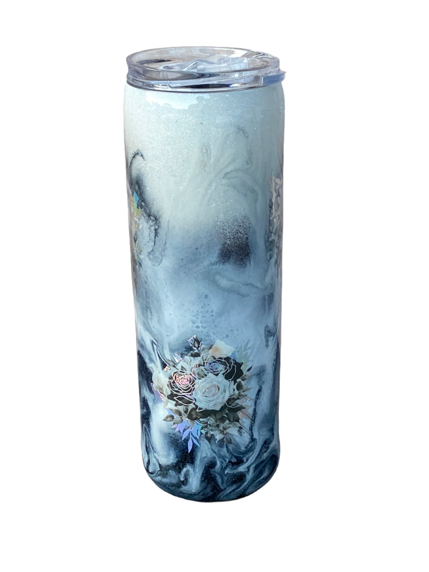 Custom Painted Black Swirl Roses Stainless Skinny Tumbler w/Sliding Lid and Straw- 30 Oz