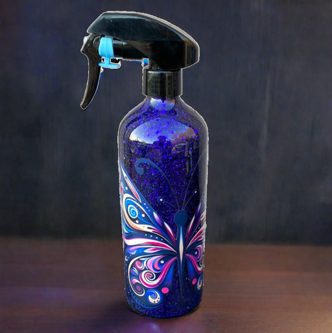 Custom Painted Blue Butterfly Stainless Spray Bottle w/Sprayer - 16 Oz