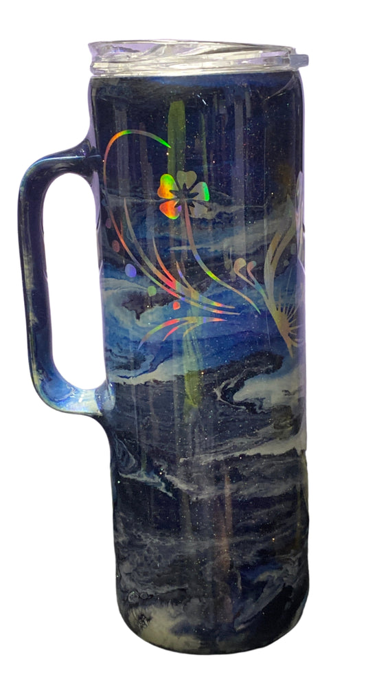 Custom Painted Silver Butterfly Stainless Skinny Handle Tumbler w/Sliding Lid and Straw- 20 Oz