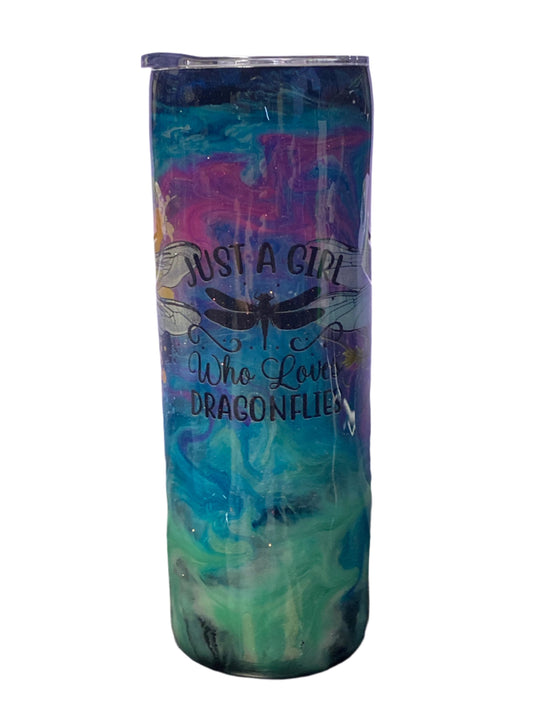 Custom Painted Dragonfly Girl Stainless Skinny Tumbler w/Sliding Lid and Straw- 20 Oz