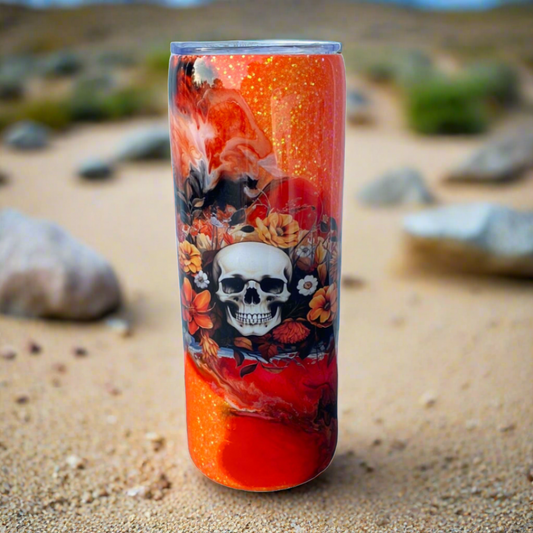 Custom Painted Orange Skull Floral Stainless Skinny Tumbler w/Sliding Lid and Straw- 20 Oz