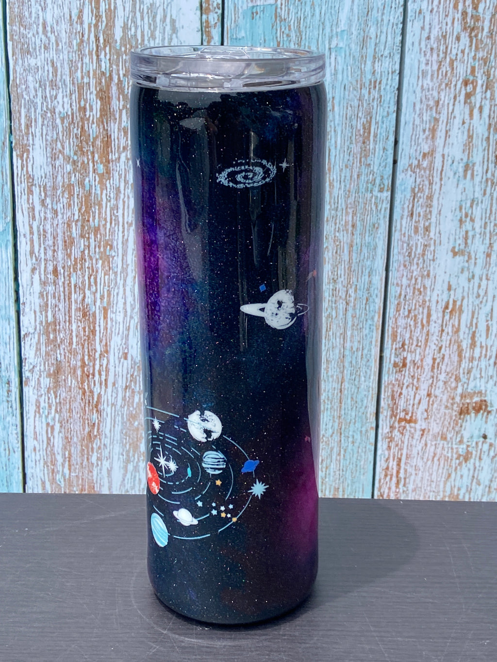 Custom Painted Galaxy Planets Stainless Skinny Tumbler w/Sliding Lid and Straw- 30 Oz