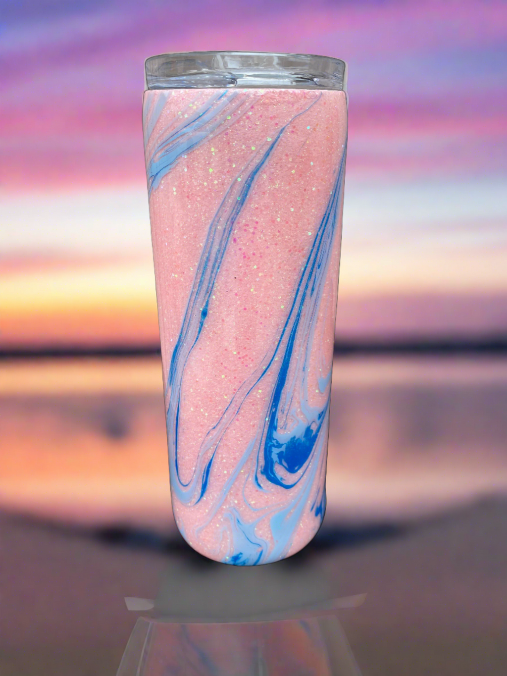 Custom Painted Glitter Pink Blue Stainless Skinny Tumbler w/Sliding Lid and Straw- 20 Oz