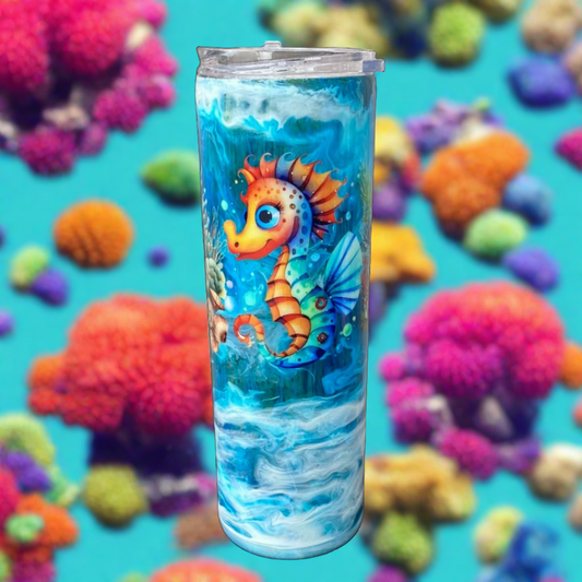 Custom Painted Sea Horse Stainless Skinny Tumbler w/Sliding Lid and Straw- 30 Oz