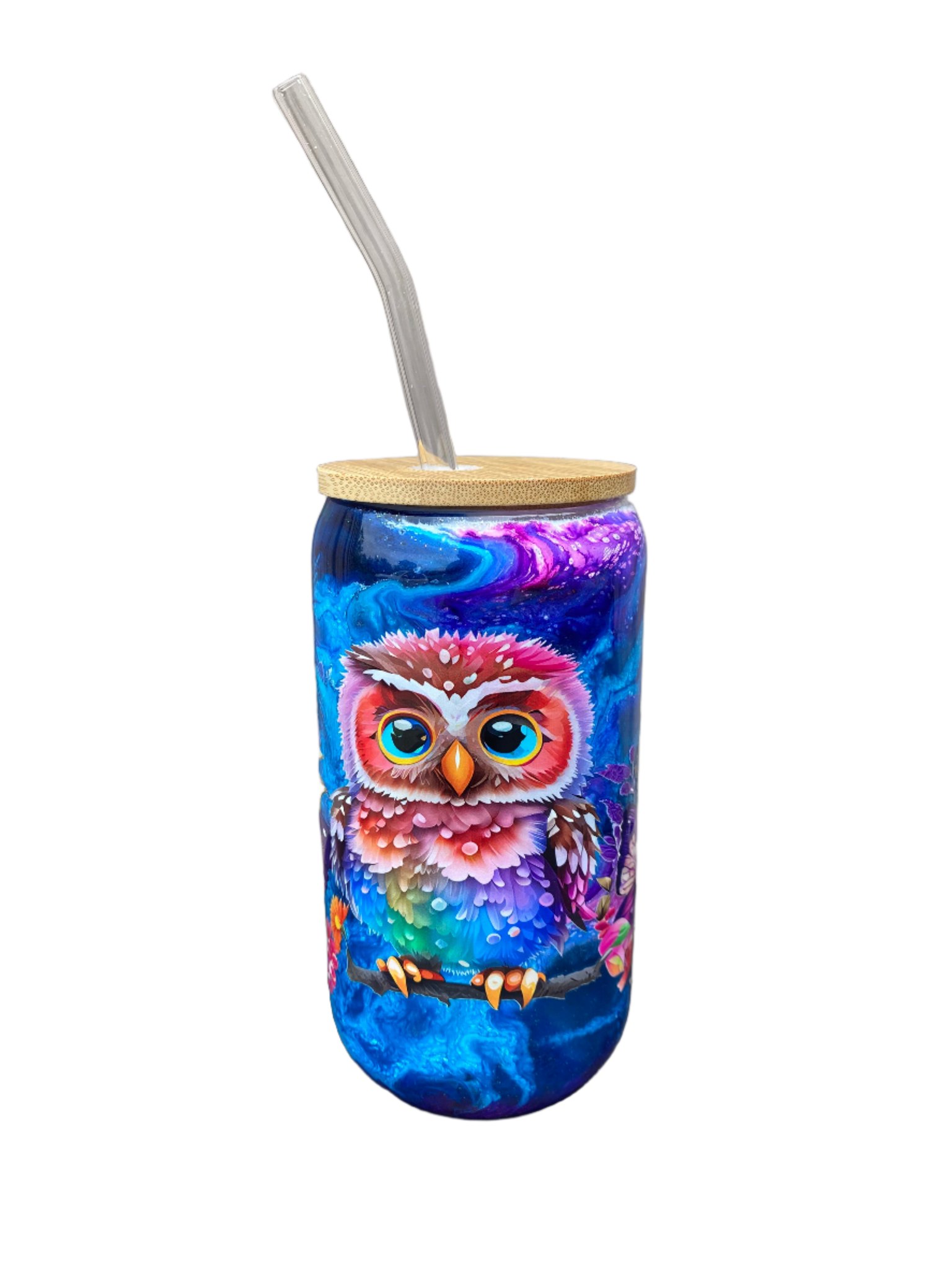 Custom Painted Colorful Owl Glass Tumbler - 18 Oz