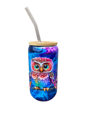 Custom Painted Colorful Owl Glass Tumbler - 18 Oz