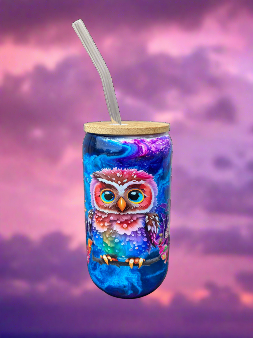 Custom Painted Colorful Owl Glass Tumbler - 18 Oz