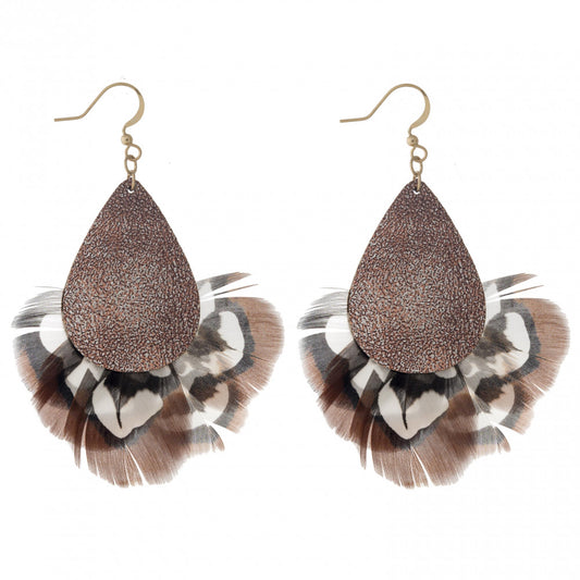 Metallic faux leather teardrop earrings featuring feather inspired details. Approximately 2.5" in length