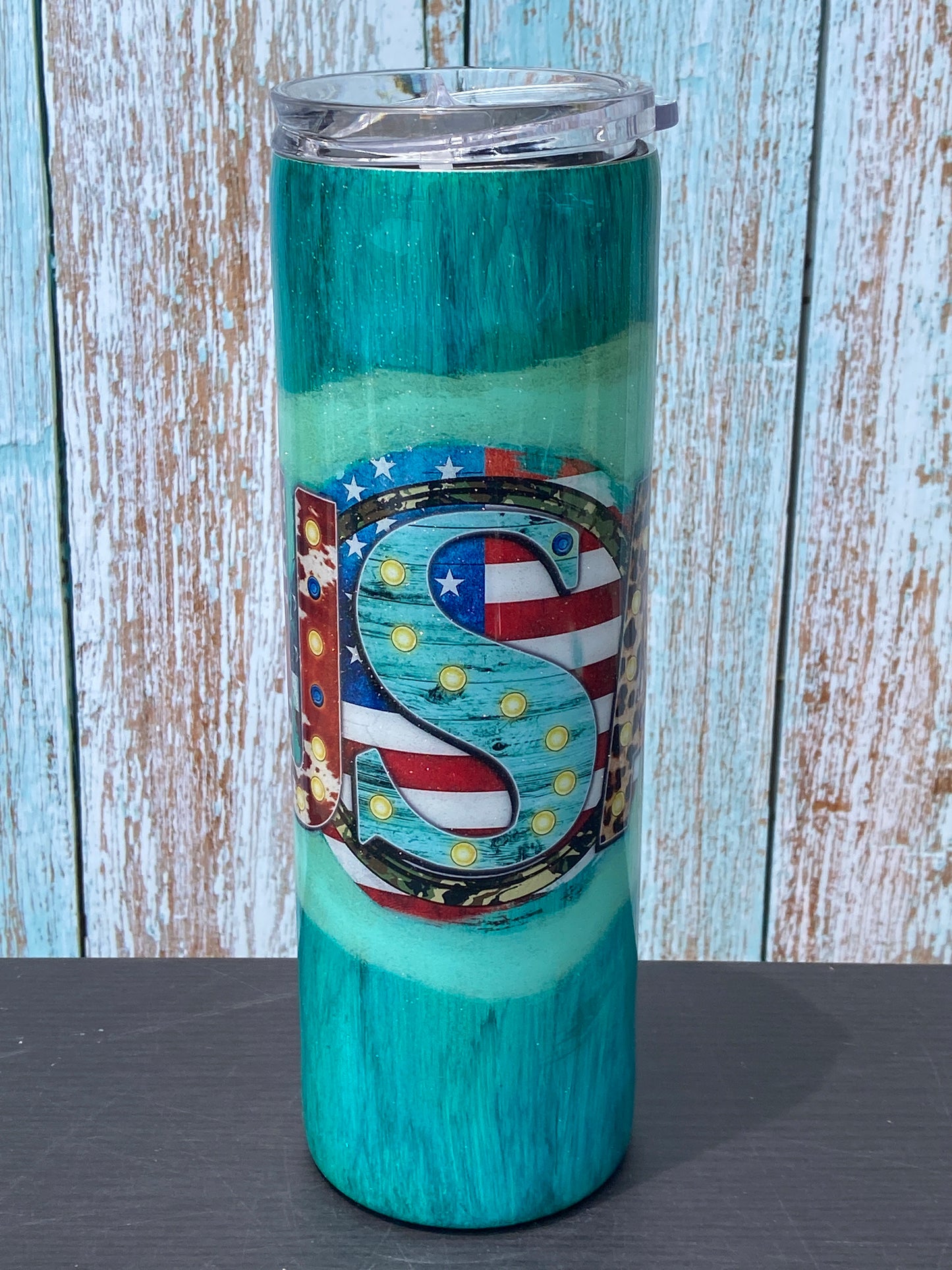 Custom Painted Teal USA Stainless Skinny Tumbler w/Sliding Lid and Straw- 30 Oz