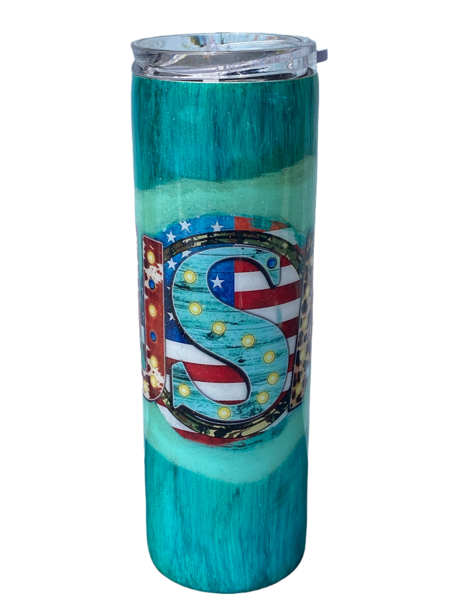 Custom Painted Teal USA Stainless Skinny Tumbler w/Sliding Lid and Straw- 30 Oz